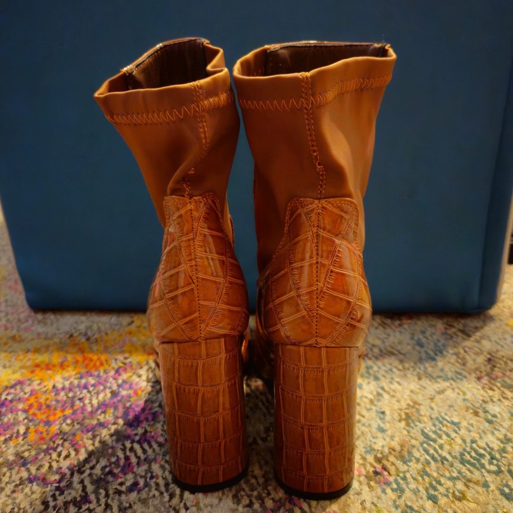 Womens Cognac Crocodile Embossed Ankle Boots Pointed Toe Block Heel Pull On 6‎ - Picture 4 of 6